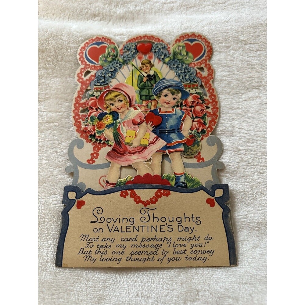 Antique 1900s Valentine's Day Card Pull Down Pop Out Girl Boy With Flowers Love